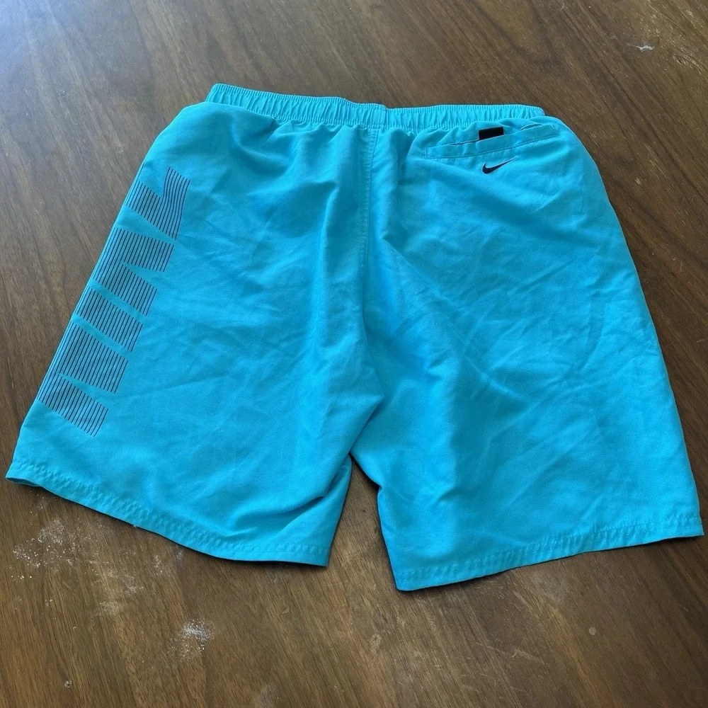 Nike Swim Shorts Mens M Blue Green Lined Graphic Logo NESSA570 Drawstring Pocket